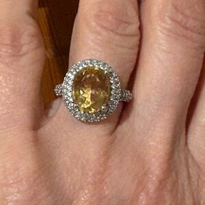 Oval Citrine and Created White Sapphire Double Halo Sterling Silver Ring